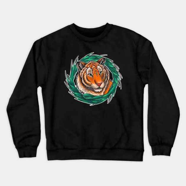 Round Grass Tiger Crewneck Sweatshirt by NorneFireCat